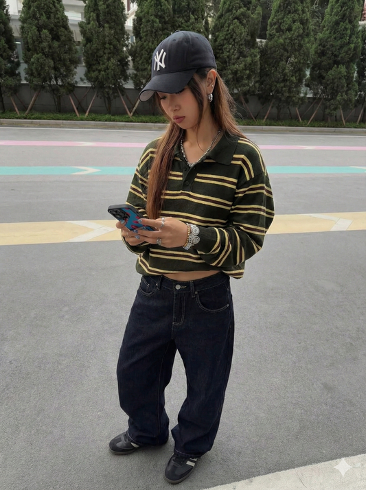 Olive Striped Knitted Polo Shirt