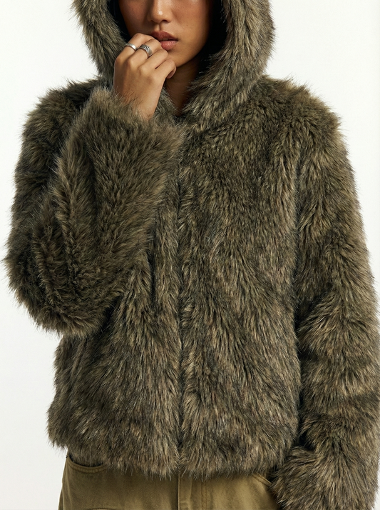 Hooded faux fur Olive jacket