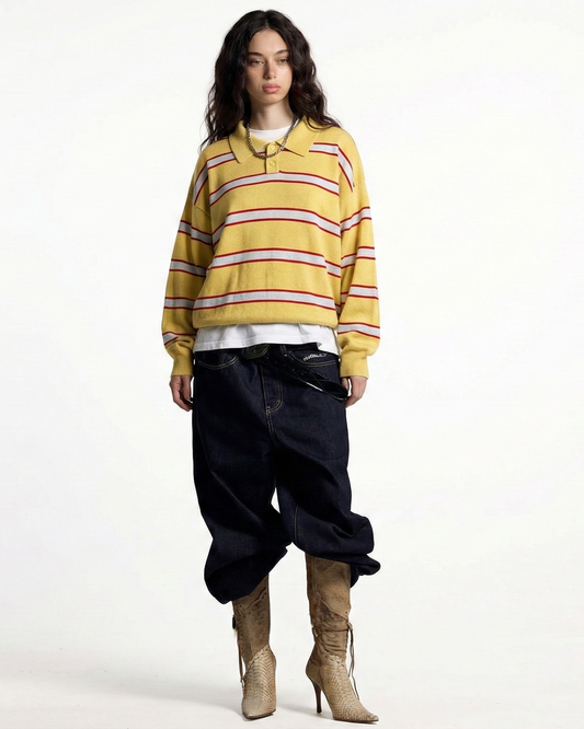 Yellow Striped Knitted Polo Shirt